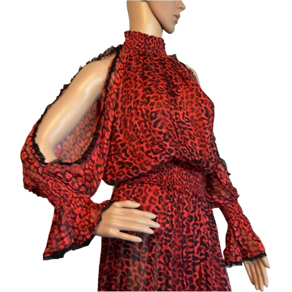 Rococo Sand Size S NWT Black Red Cheetah Print Ruffle Maxi Dress (0337) - Picture 3 of 13